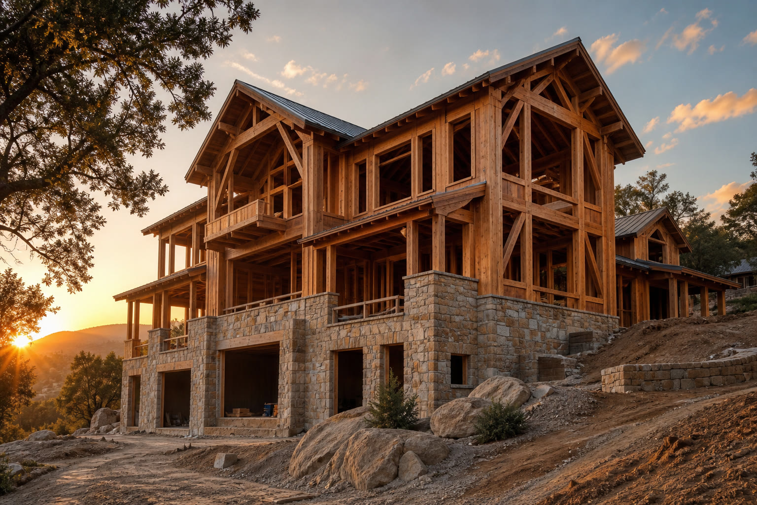 Concept: luxury custom home framing on a granite base